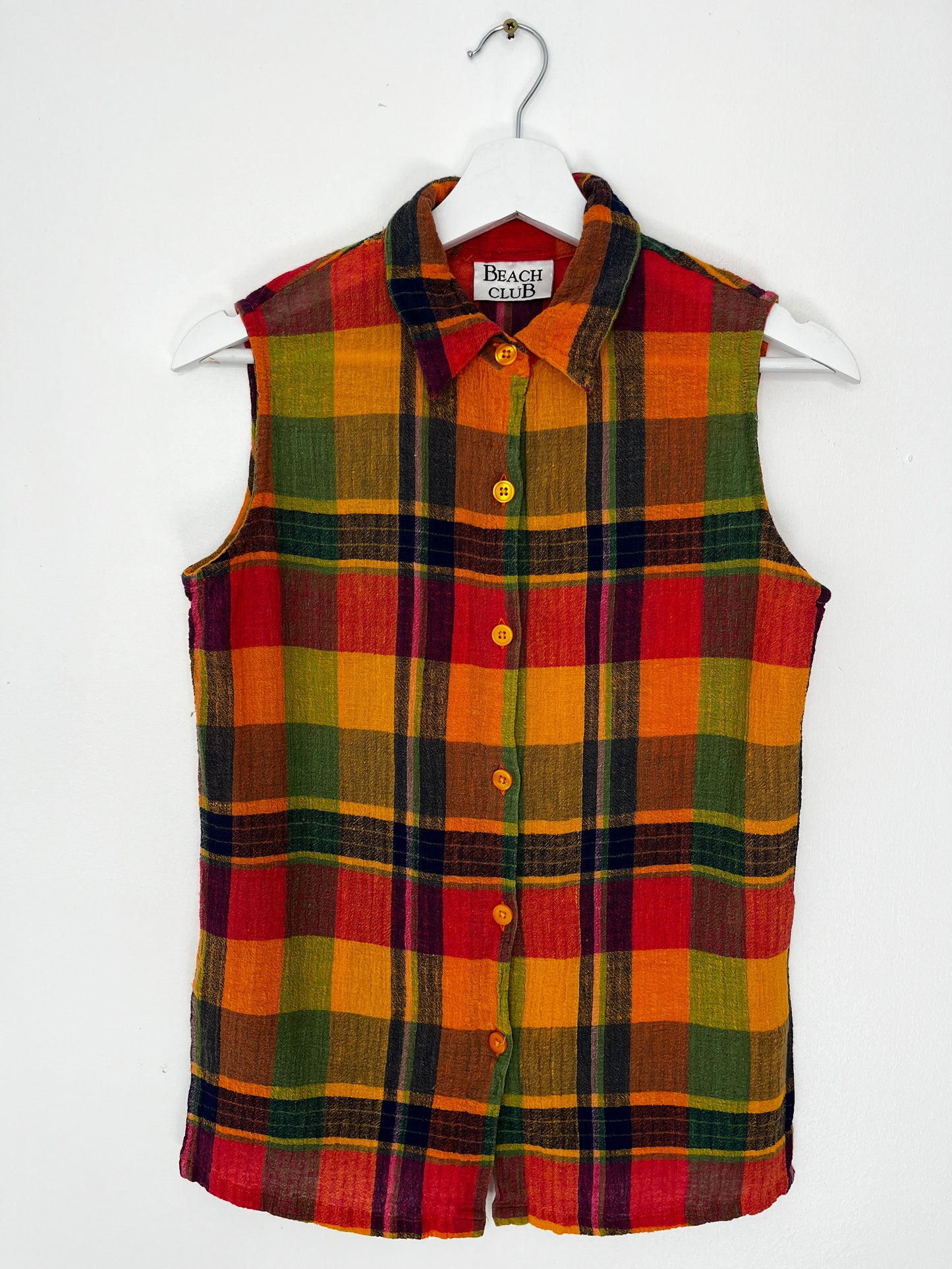 1990s Pure Cotton Colourful Checked Sleeveless Vintage Shirt
