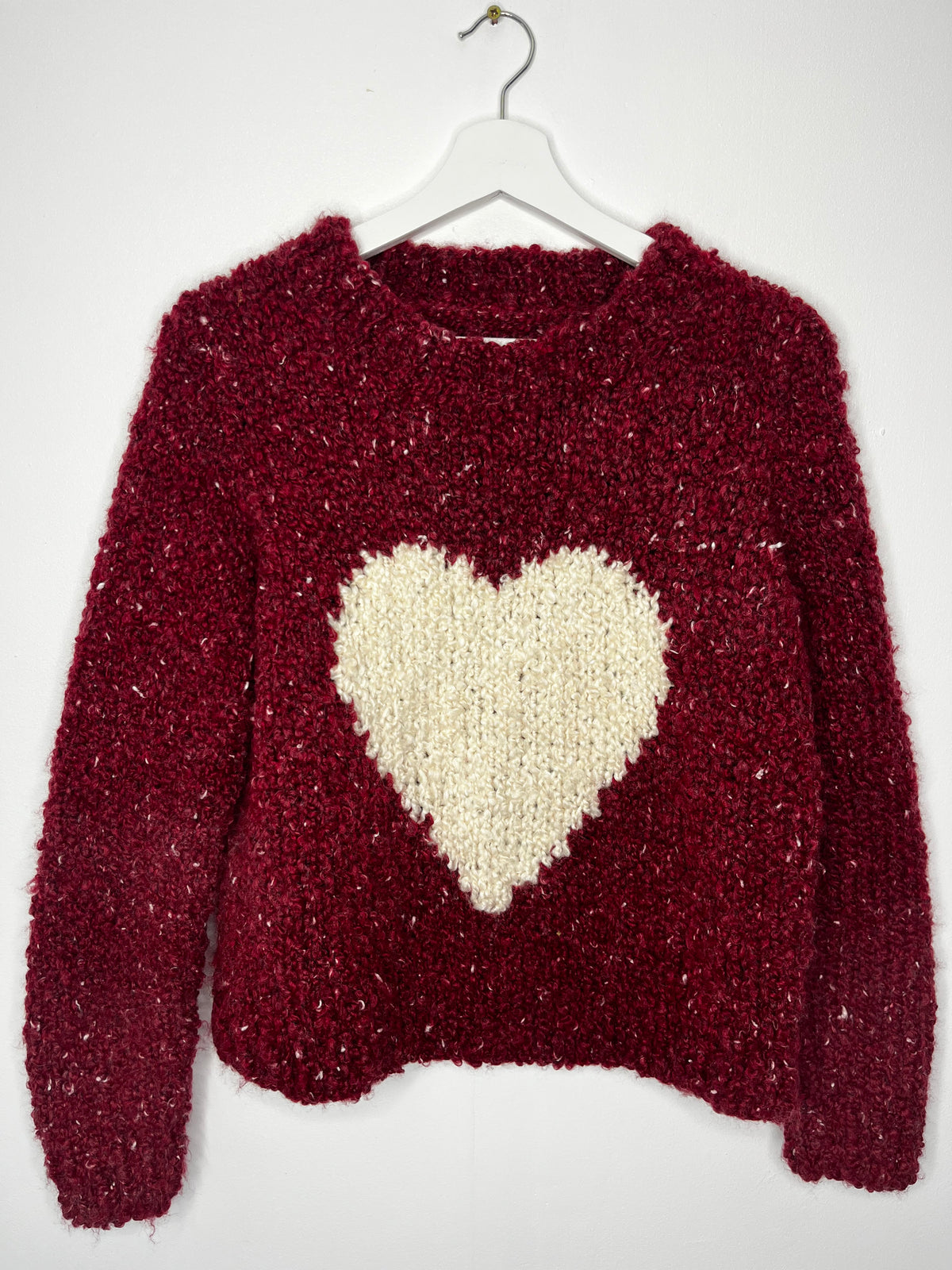 Handmade Burgundy Chunky Knit Jumper Cream Heart Y2K