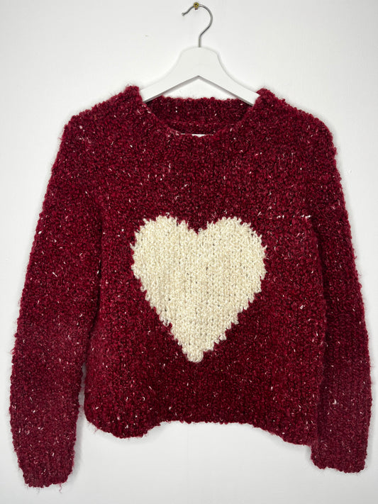 Handmade Burgundy Chunky Knit Jumper Cream Heart Y2K
