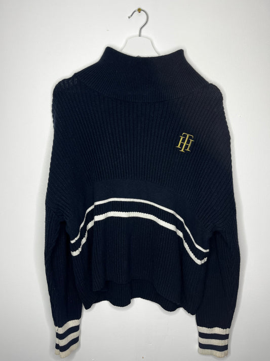 Ribbed Navy Tommy Hilfiger Spell Out Zip Effect Jumper