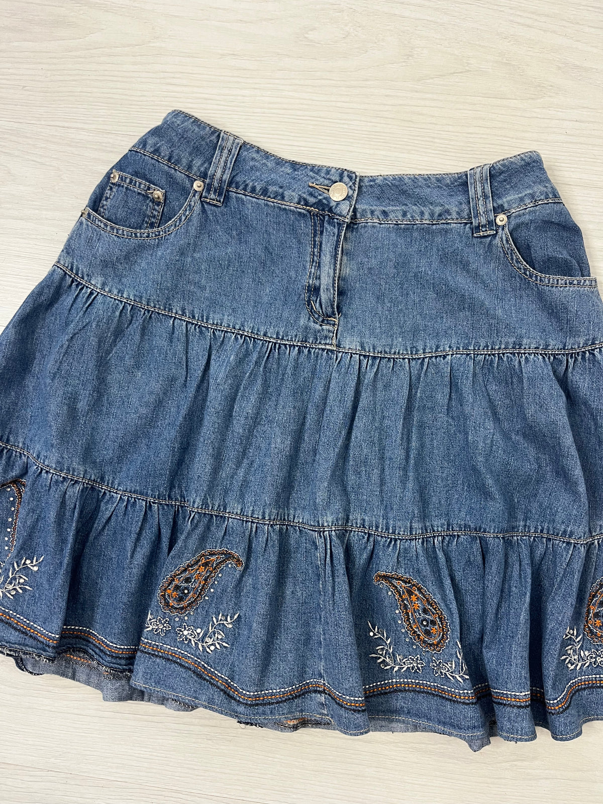 Denim Pleated Paisley Detail Skirt