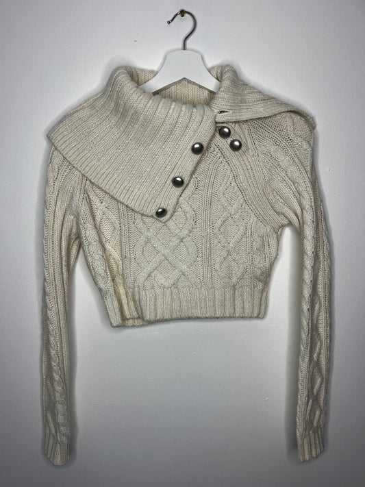 Y2k Cream Large Collar Silver Button Cropped Jumper