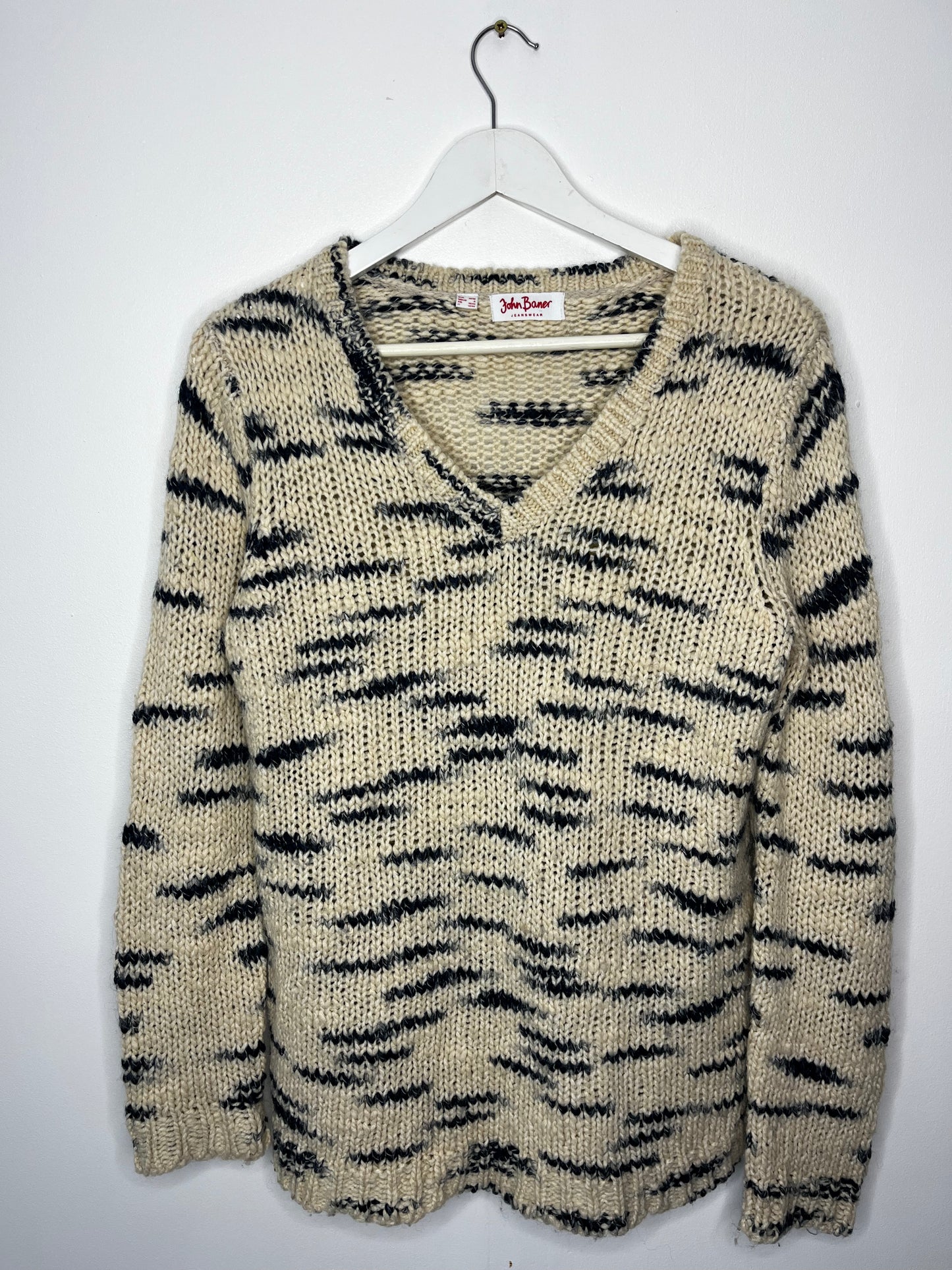 Cream Blue Patterned V Neck Slouchy Jumper