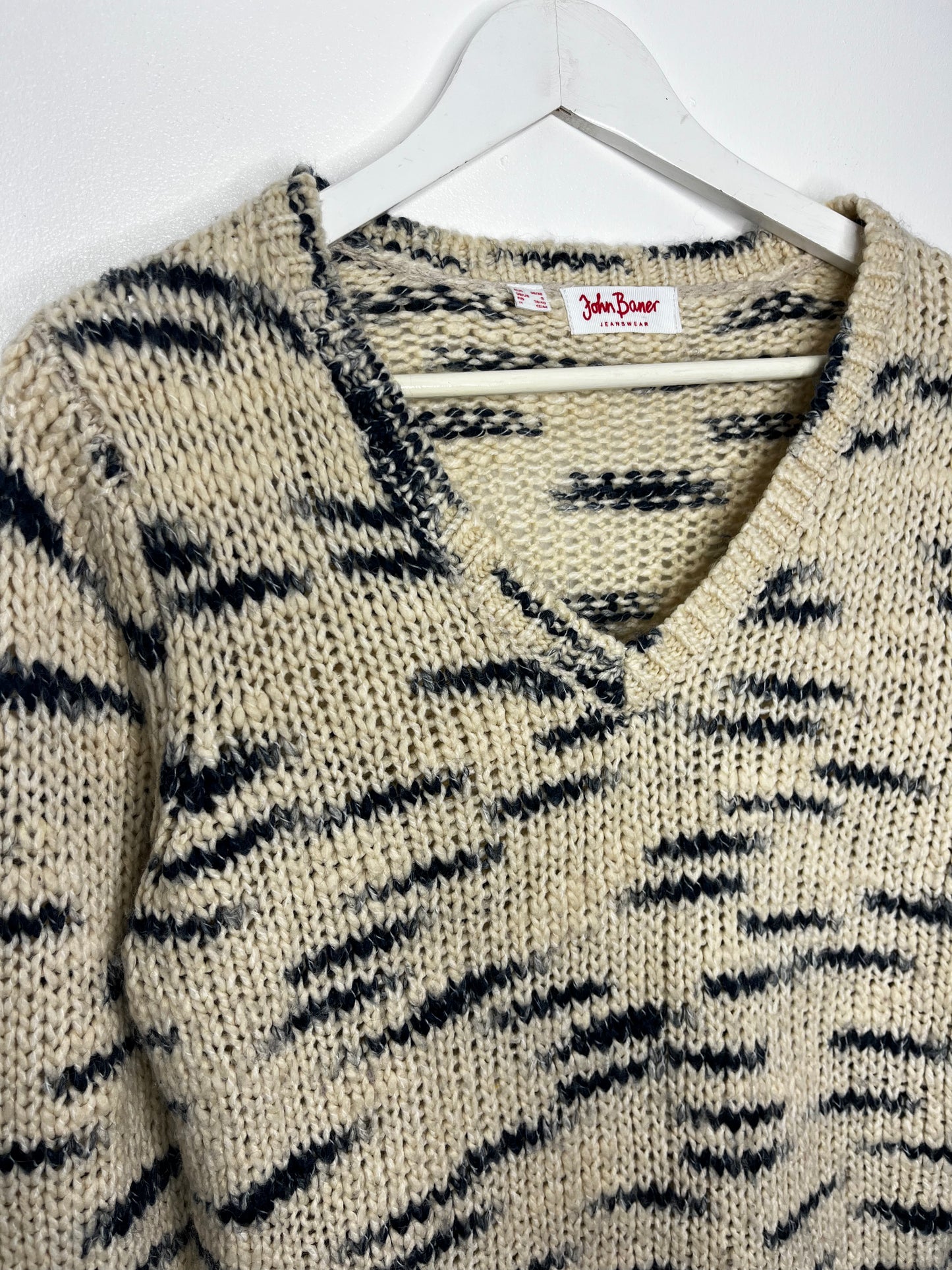 Cream Blue Patterned V Neck Slouchy Jumper