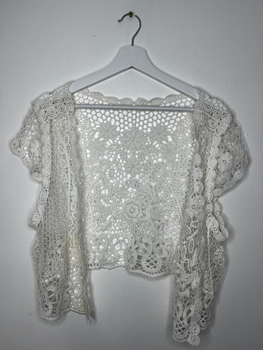 White crochet vintage buttonless throw over