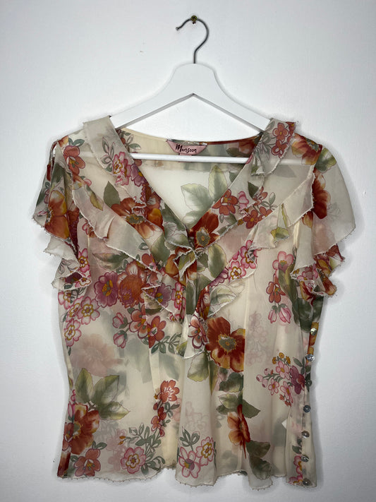 Semi Sheer Floral Ruffle Silk Blouse