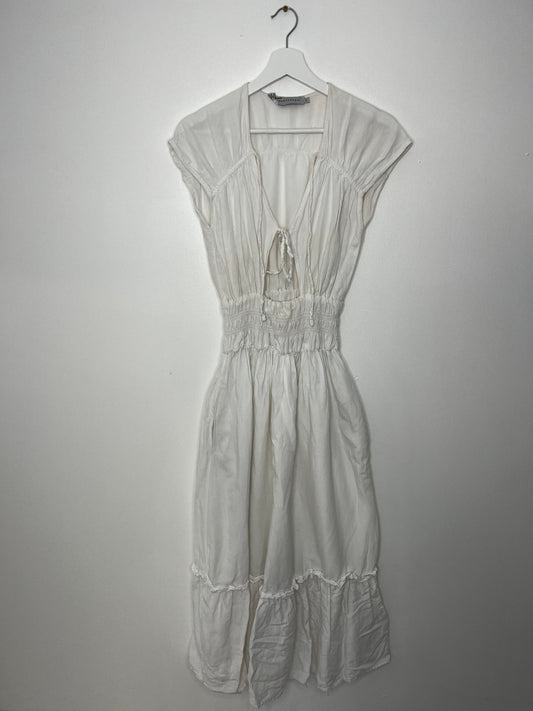Tie Top Effect Elastic Waist Long White Dress