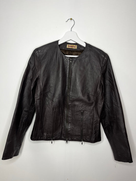 Dark brown collarless y2k leather jacket
