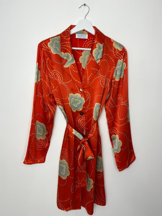 Orange Belted Satin Long Blouse Dress