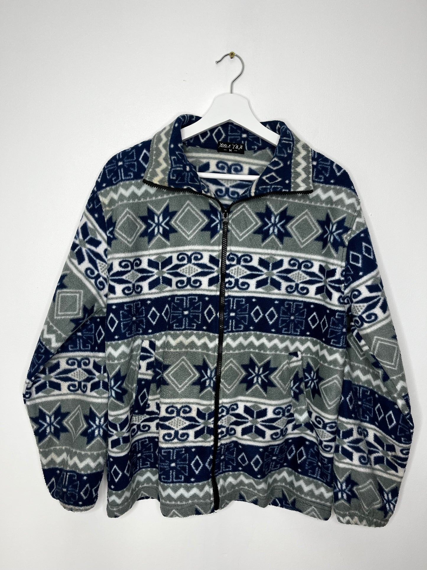 Grey Blue Patterned Vintage Zip Fleece Jacket