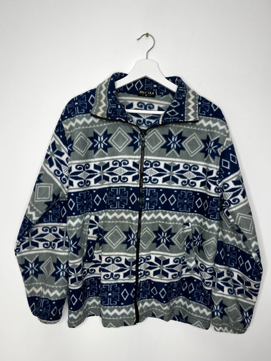 Grey Blue Patterned Vintage Zip Fleece Jacket