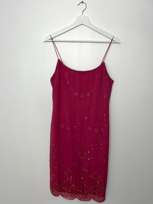 90s Pink Beaded Spaghetti Strap Dress