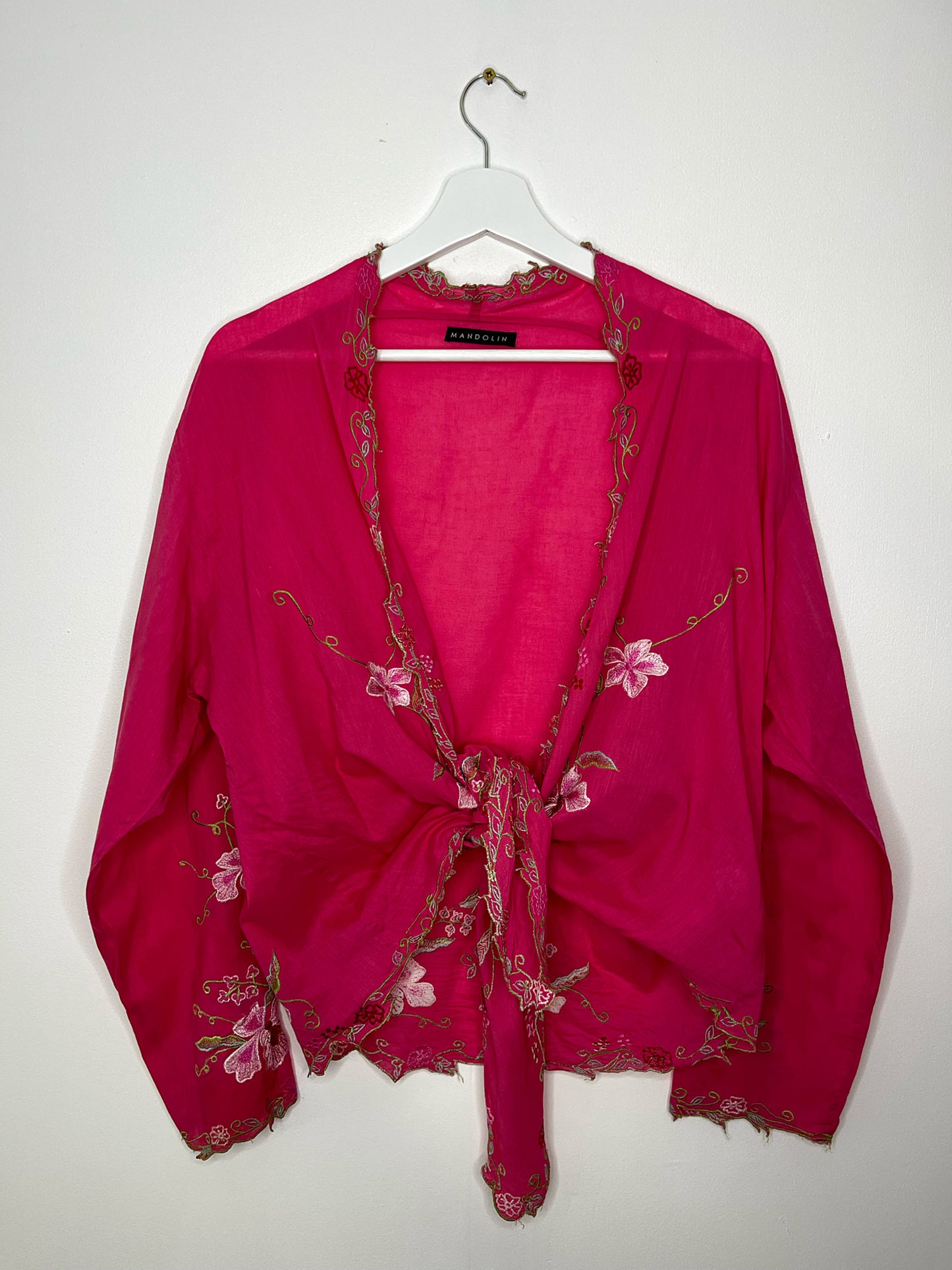 Pink Embroidered Tie Bottom Blouse