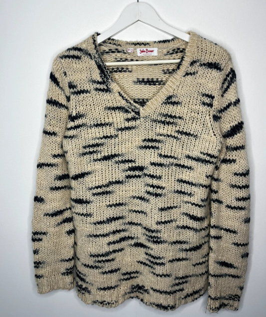 Cream Blue Patterned V Neck Slouchy Jumper