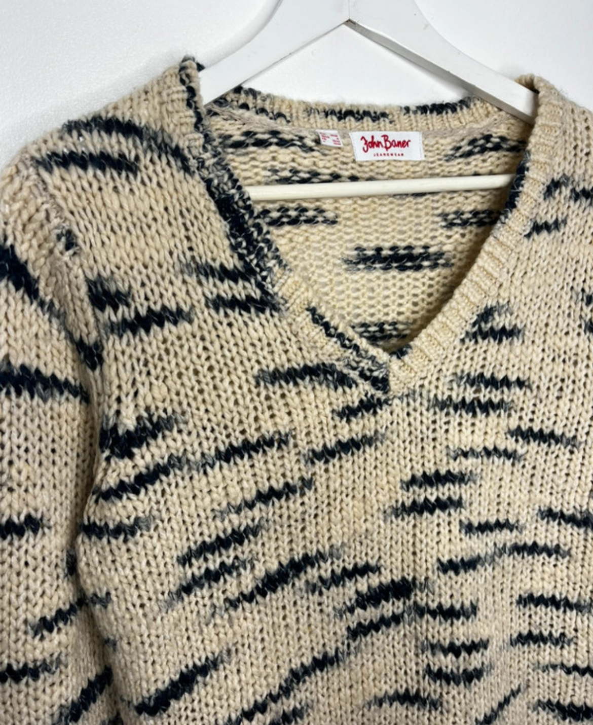 Cream Blue Patterned V Neck Slouchy Jumper