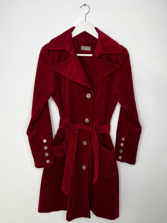 Long Belted Cherry Red Suede Feel Coat