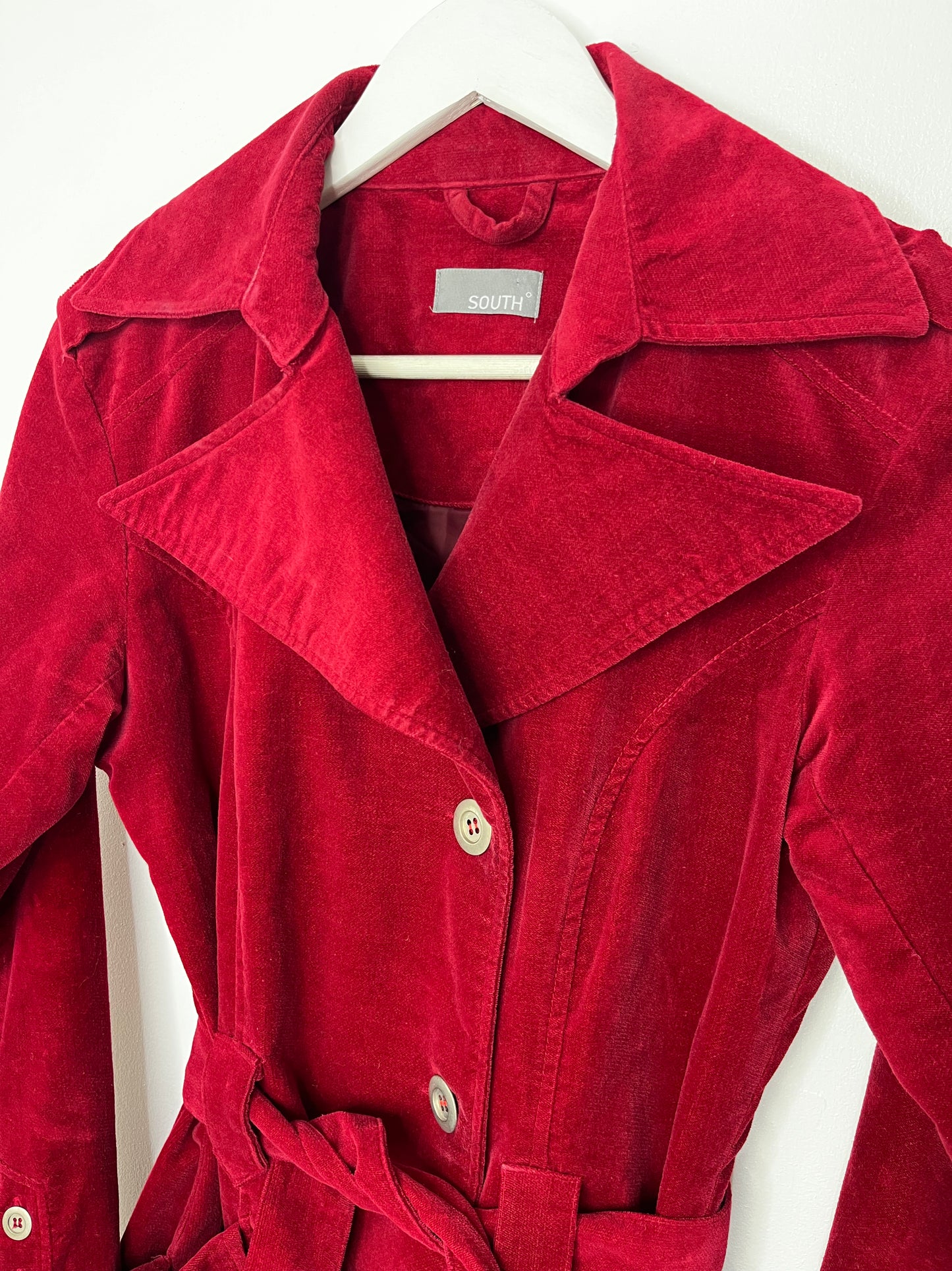 Long Belted Cherry Red Suede Feel Coat