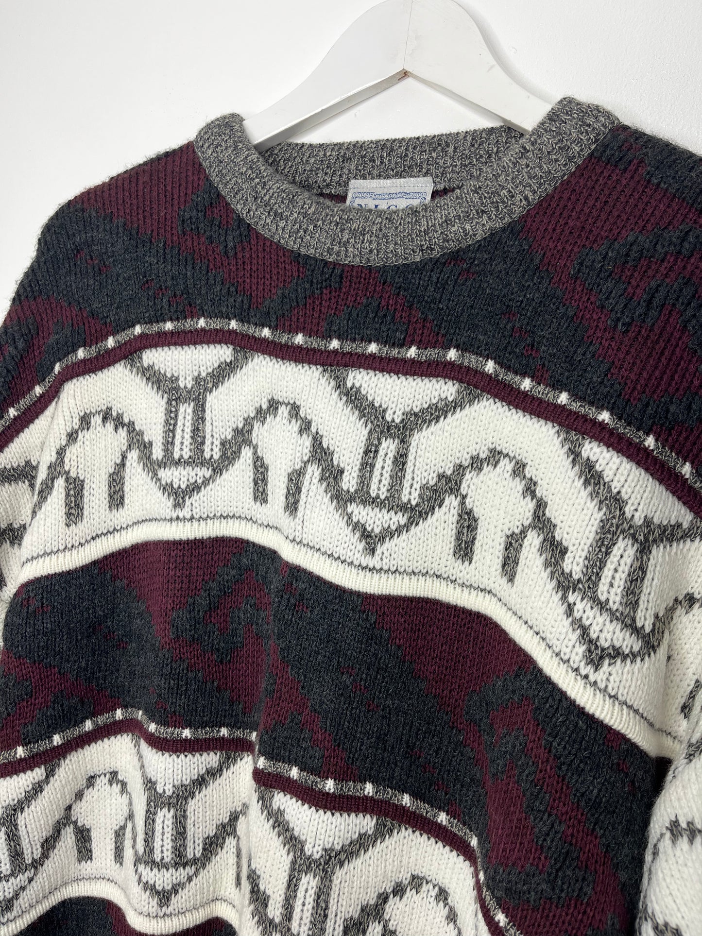 Burgundy Grey True Vintage Chunky Patterned Jumper
