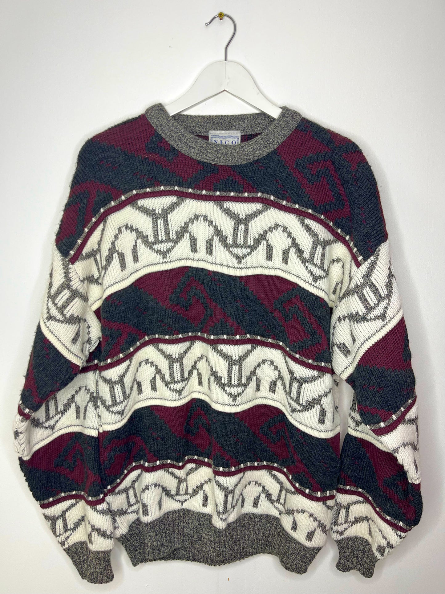 Burgundy Grey True Vintage Chunky Patterned Jumper