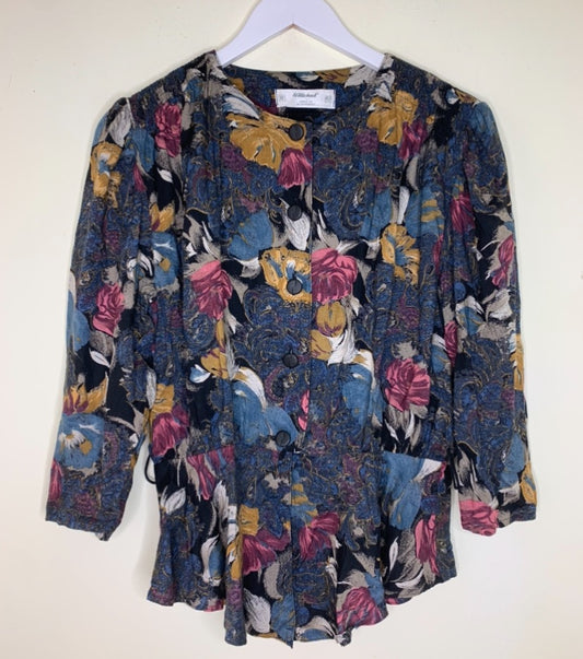 Collarless Navy Floral Blouse With Belt